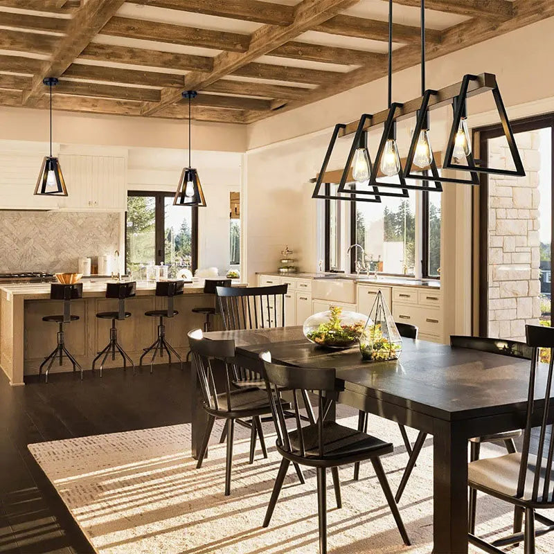 Lustre style Américain Vintage Industriel 4 têtes Fer Art Imitation Bois Grain Restaurant Cuisine Café Bar Comptoir
