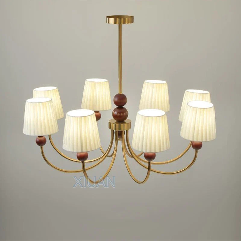 lustre led vintage américain en tissu plissé et bois wabi-sabi