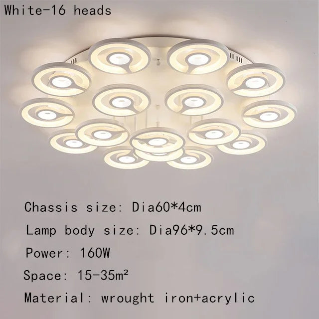 European New Multiple Heads Acrylic Led Ceiling Lamp For Bedroom Dining Room Round Iron Decoration Lighting chandeliers