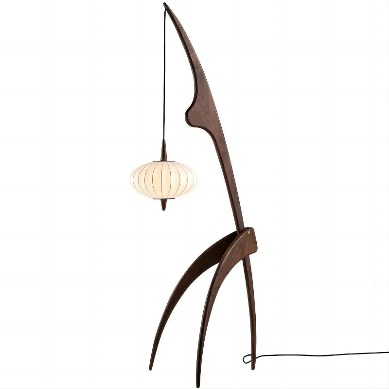 lampadaire design en bois noyer avec lampe suspendue