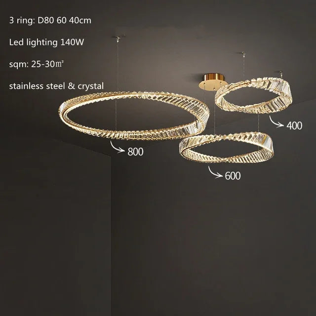 lustre moderne en cristal led avec anneau en acier décoratif