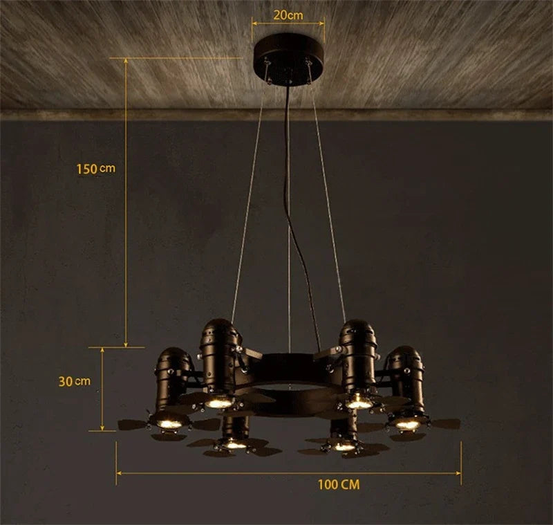 lustre industriel vintage à 6 têtes pour établissements commerciaux
