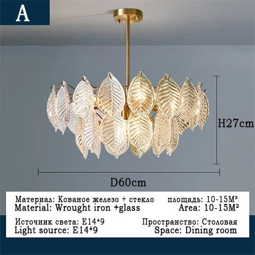 lustre moderne en verre suspendu avec décoration de feuilles