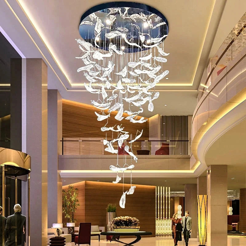 lustre plume en cristal led moderne en acier inoxydable
