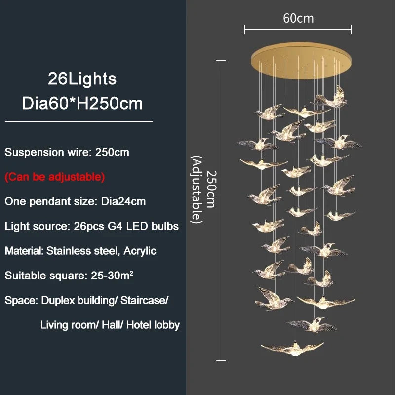 YOULAIKE oiseau design led lustre pour escalier de luxe salon suspendu luminaire couloir longue spirale acrylique lampes