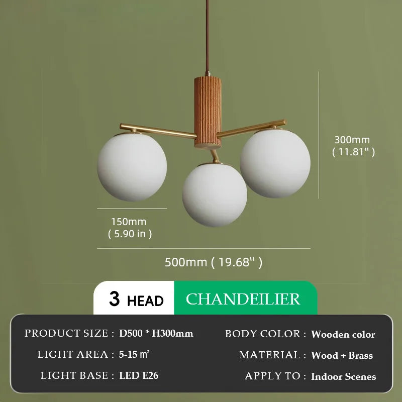 Walnut Wood Brass Round Glass, Wabi-sabi Modern Simple style, Chandelier light for Living room, Bedroom, Dining room, Study