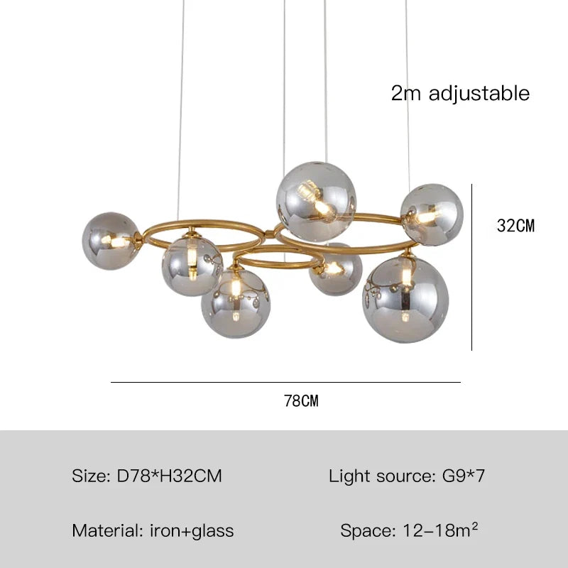 lustre design boule de verre et barre ronde métallique