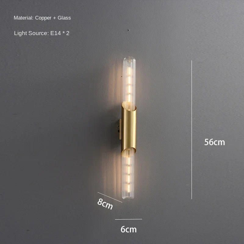 Simple All Copper Straight Glass Wall Lamp, Bathroom Mirror in Front of Light Luxury Living Room Balcony Bedroom LED Lighting