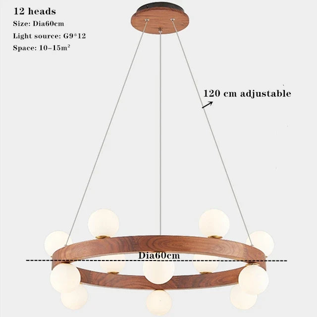 lustre rond en noyer avec ampoules en verre led moderne