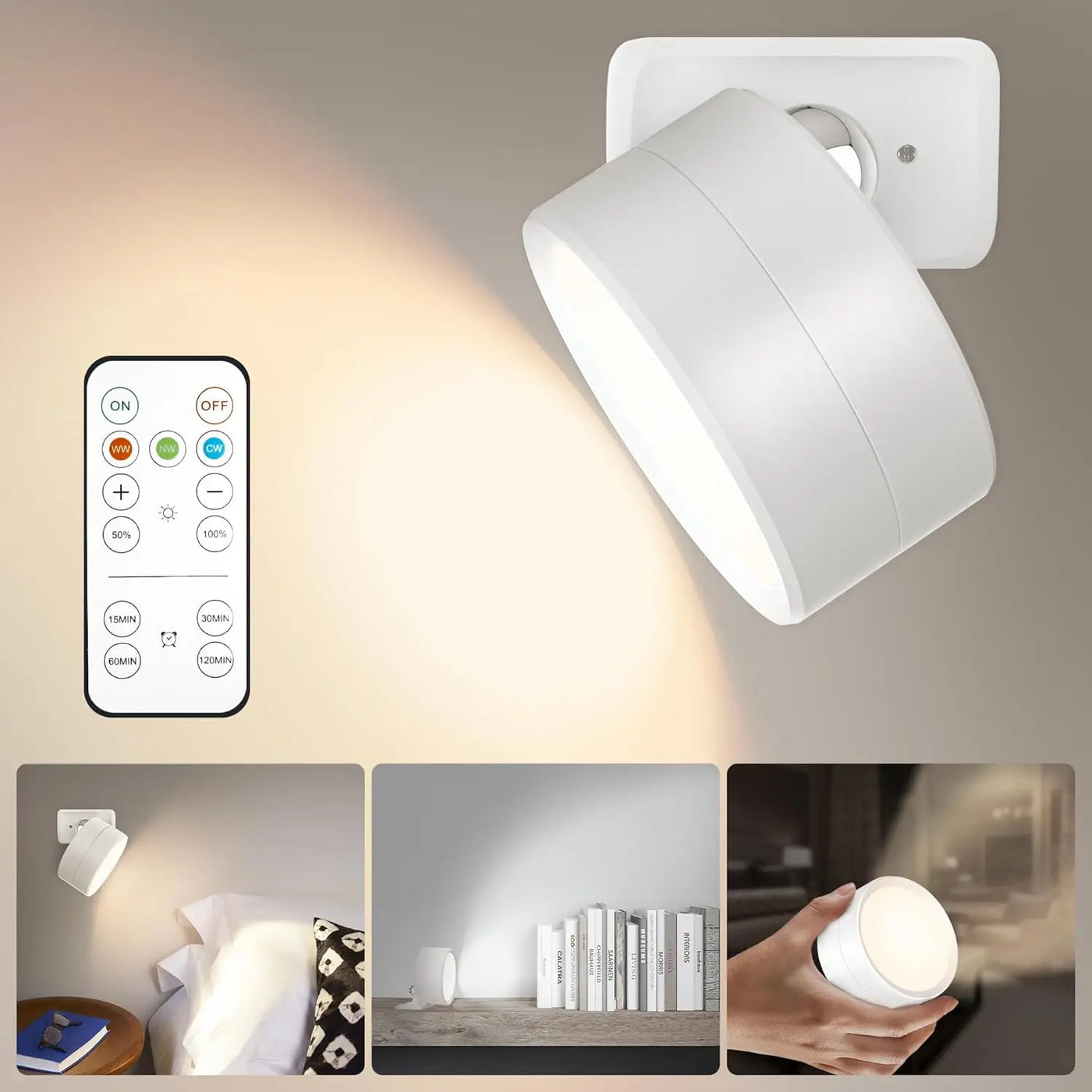 applique murale led rechargeable avec télécommande tactile rotative à 360°