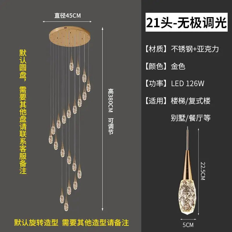 lustre d'escalier duplex lumière moderne de luxe rotatif en cristal