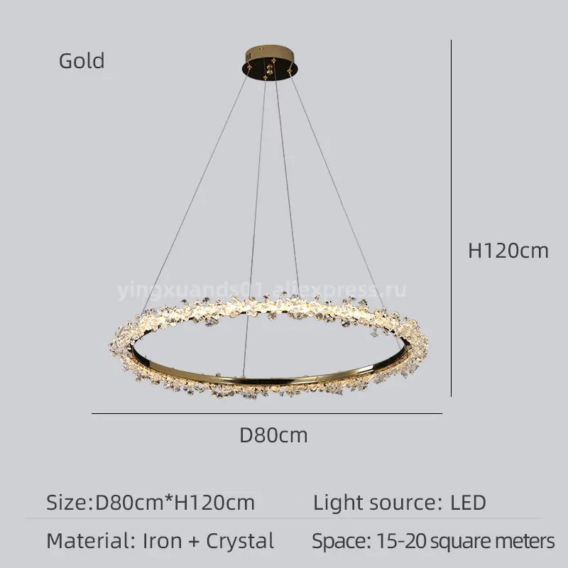 lustre en cristal de luxe avec anneau doré lumineux et élégant