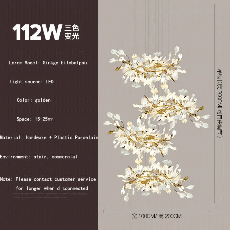 Ginkgo feuille cage d'escalier long lustre lumière atmosphérique villa de luxe duplex bâtiment loft hall d'hôtel lampes d'art créatives