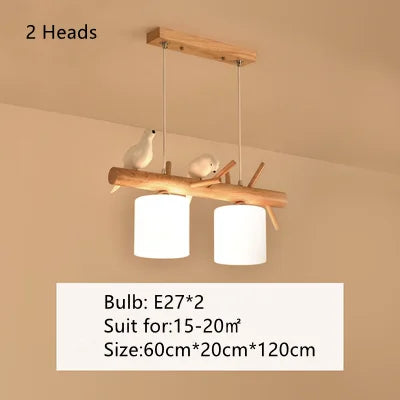 Lustre nordique en bois massif avec oiseaux