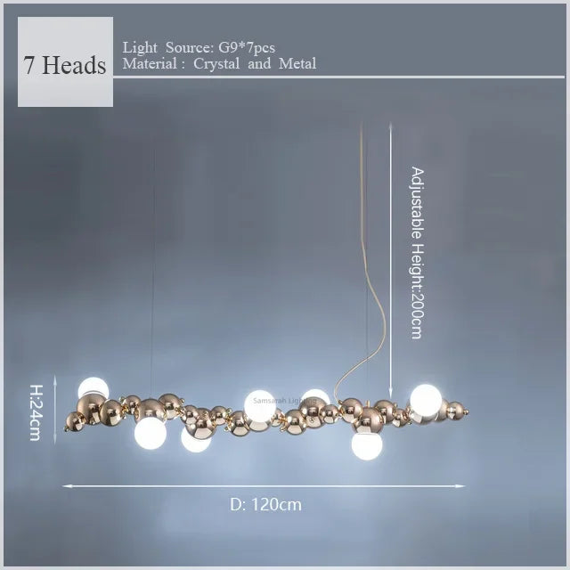 2024Modern Creative Long Bar Chandelier Caterpillar Shaped Metal ball Pendants Lamp Dining Room for Kitchen Hanging Light Lustre