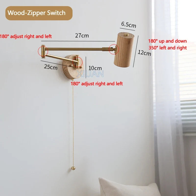 applique murale wabi-sabi à bras long pivotant avec interrupteur
