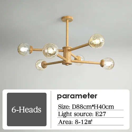lustre moderne en bois avec abat-jour en verre pour décoration maison