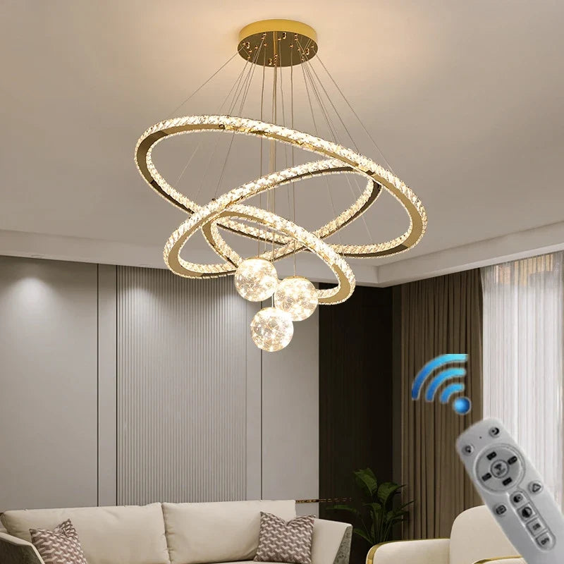 lustre led moderne en cristal doré anneau étoile boule de verre