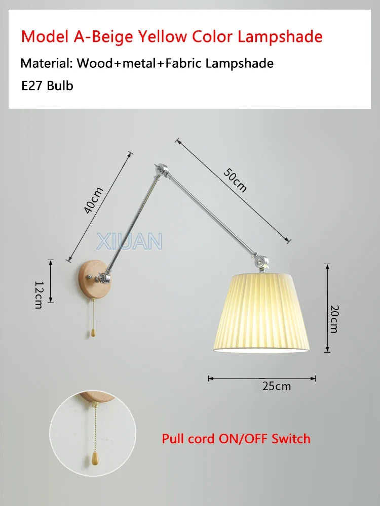 Nordic Shiftable Rocker Arm Wall Lamps Fabric Lampshade Dining Table Wall Light for Bedside Study Reading Lighting ON/OFF Switch
