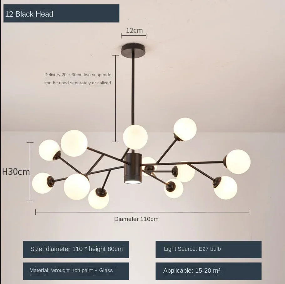lustre nordique à led avec boule de verre pour luminaires suspendus