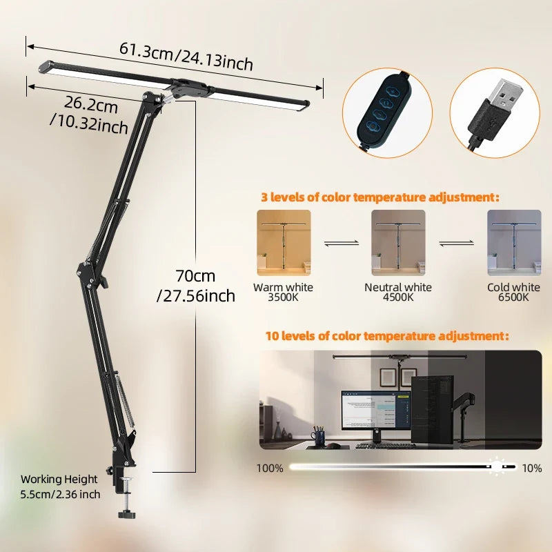 Lampes de bureau Led Double tête réglable en continu USB lampe de Table moniteur d'ordinateur lumière pour bureau étude lecture luminaire