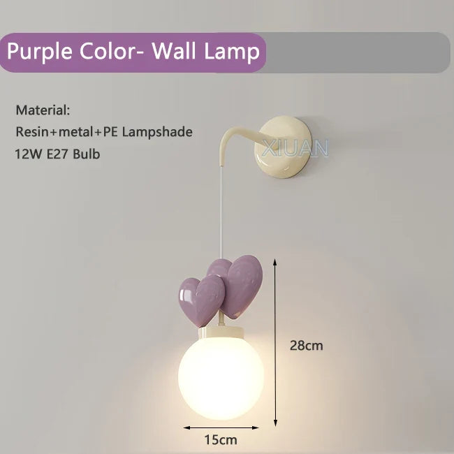 Children's Room Hanging Wall Light Purple Red Pink Love Wall Lamp for Nursery School Kids Baby Room Decorative Night Lamps E27