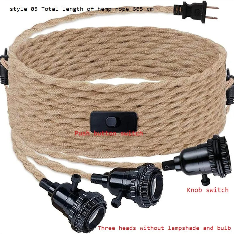 suspension industrielle rétro avec interrupteur et corde de chanvre