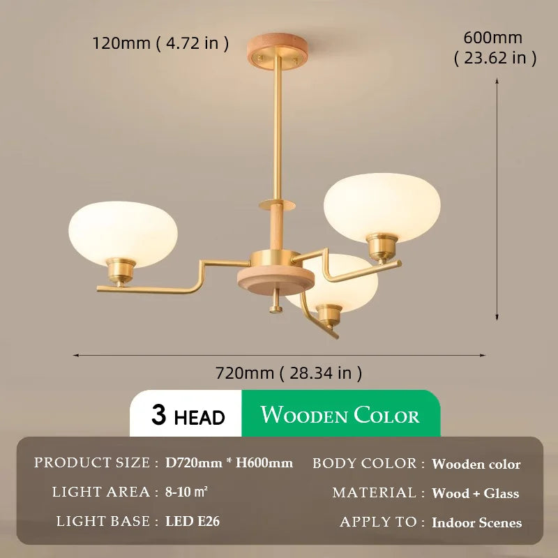 Walnut Wood Glass Brass, Wabi-sabi Modern Vintage style, chandelier lights for Living room, Bedroom, dining room, study