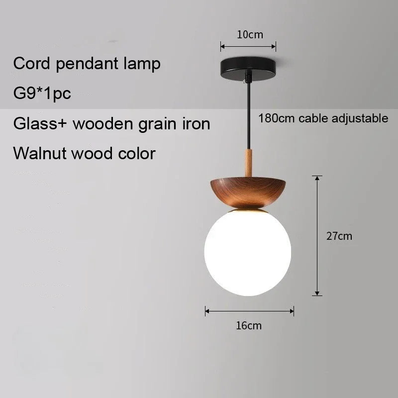 suspension ronde en verre et bois de noyer japonais