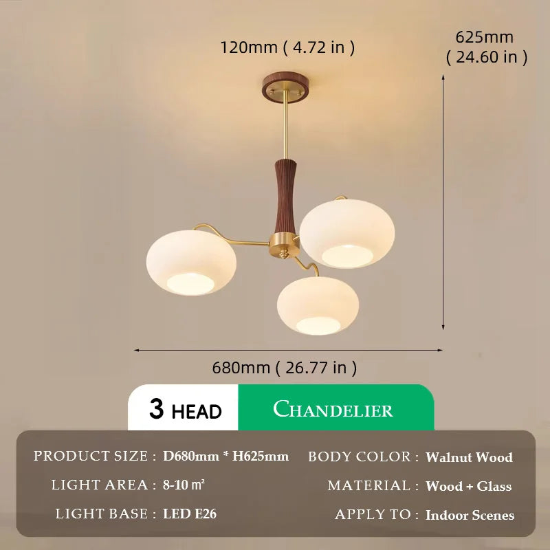 Walnut Wood Glass Brass, Wabi-sabi Modern Vintage style, chandelier lights for Living room, Bedroom, dining room, study