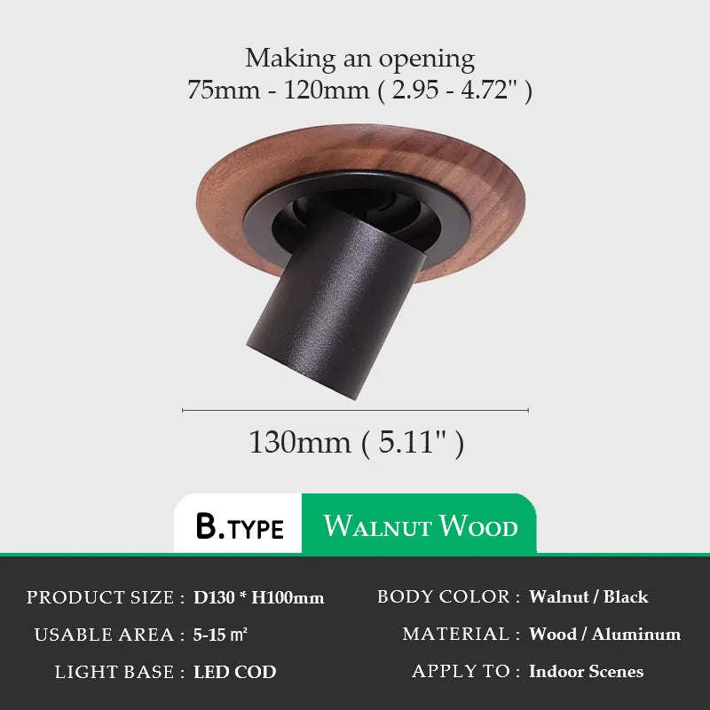 Walnut Wood Wall Wash Light, Modern Wabi-Sabi Vintage, Rotatable Recessed Spotlight for Living Room, Dining Room, Bedroom, Study