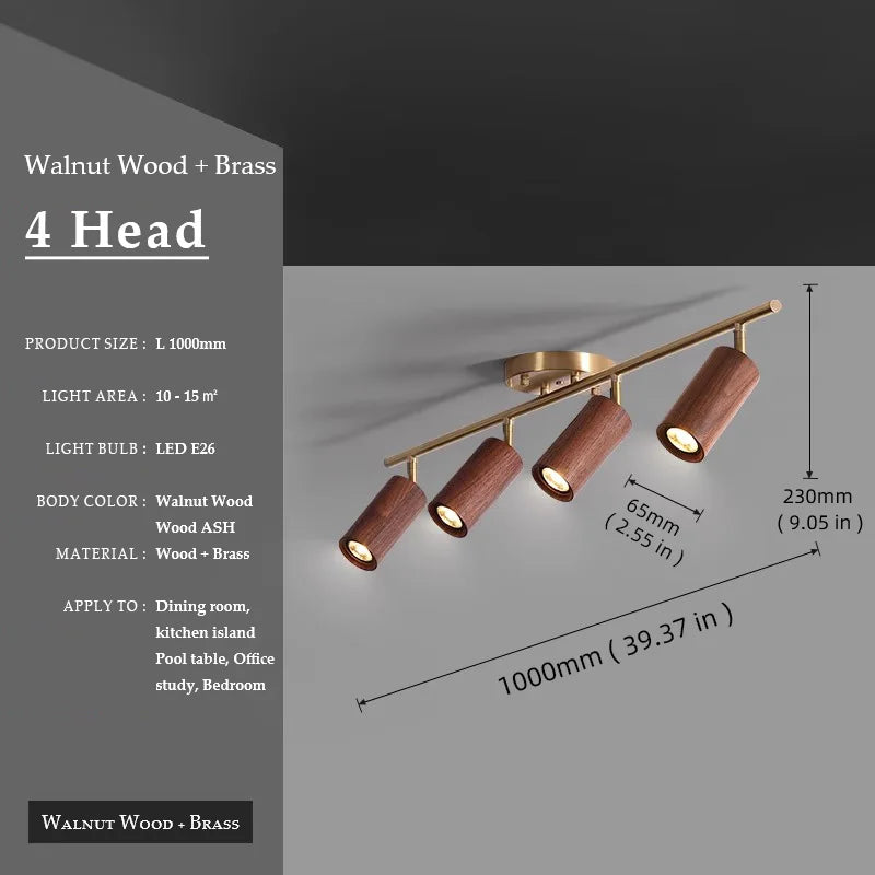 Walnut Wood Brass Spotlight Ceiling Light Fixture, Living Room Light for Dining Room, Kitchen Island, Corridor aisle, bedroom