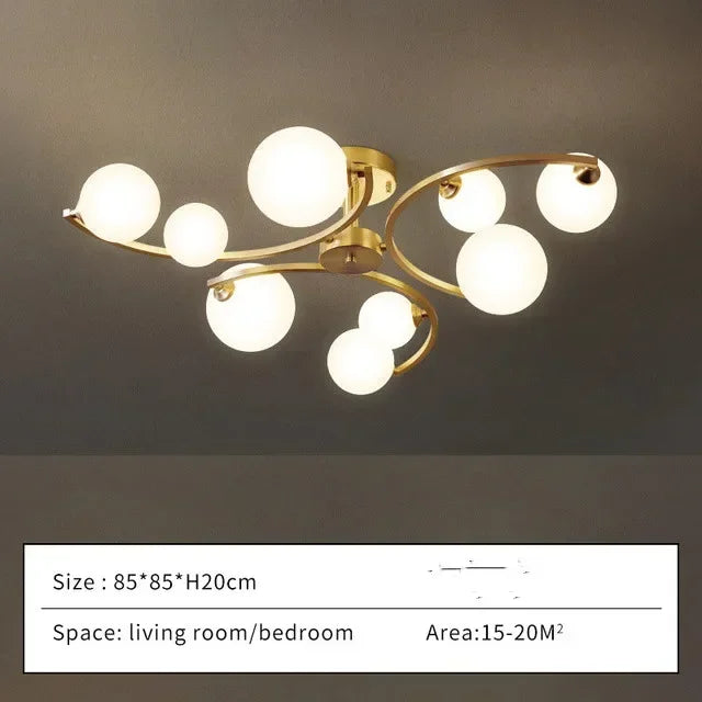 plafonnier moderne en cuivre doré avec boule de verre et led