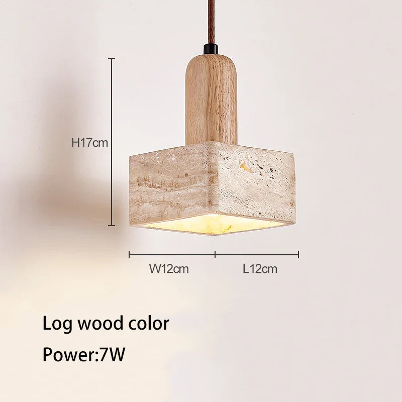 Lampe suspension LED carré en pierre lustre chambre chevet Style crème en bois massif rétro lumière E27 ampoule pour salon maison Bar