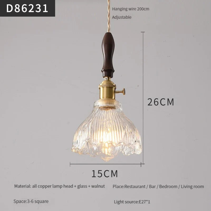 suspension moderne en laiton avec abat-jour rustique en verre de noyer