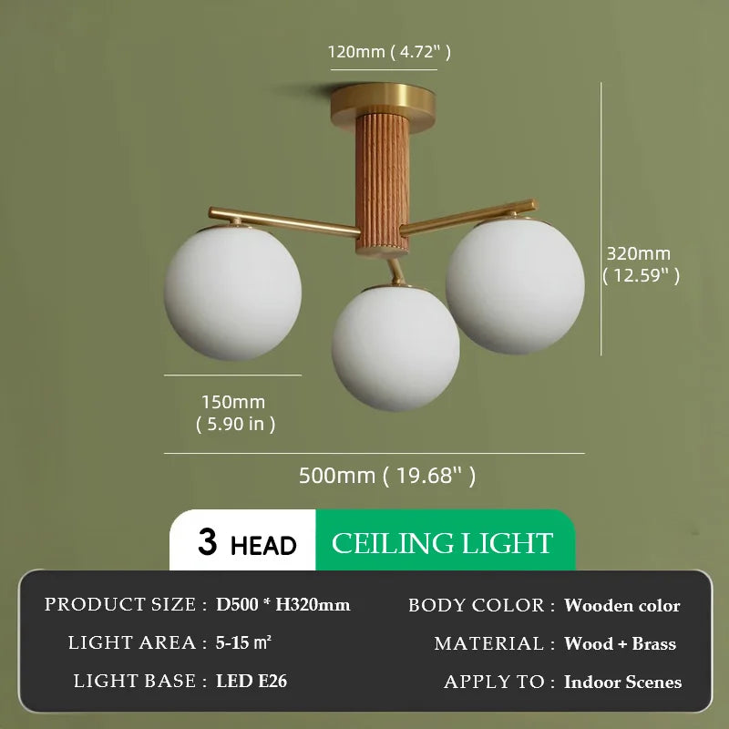 Walnut Wood Brass Round Glass, Wabi-sabi Modern Simple style, Chandelier light for Living room, Bedroom, Dining room, Study