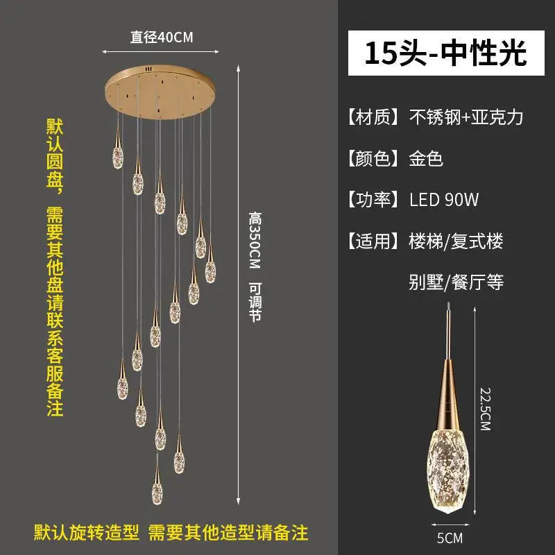 lustre d'escalier duplex lumière moderne de luxe rotatif en cristal