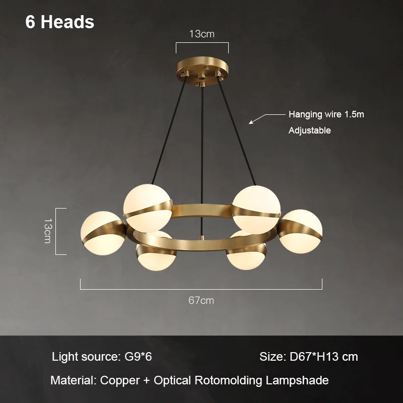 lustre nordique de luxe en cuivre avec anneau décoratif