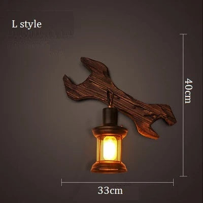applique murale industrielle vintage en bois avec abat-jour en métal et verre