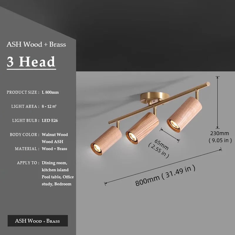 Walnut Wood Brass Spotlight Ceiling Light Fixture, Living Room Light for Dining Room, Kitchen Island, Corridor aisle, bedroom