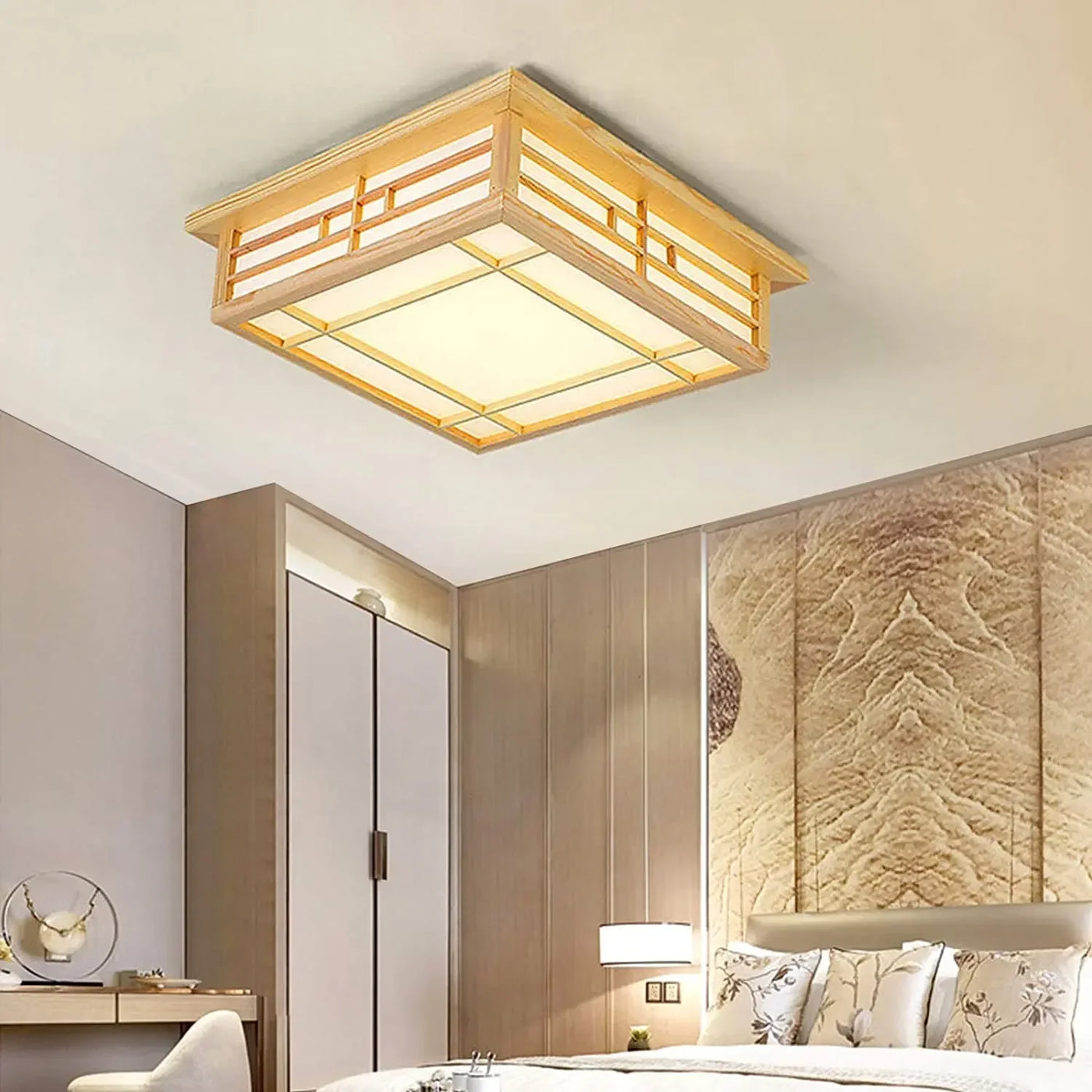 plafonnier led encastré en bois style japonais avec télécommande