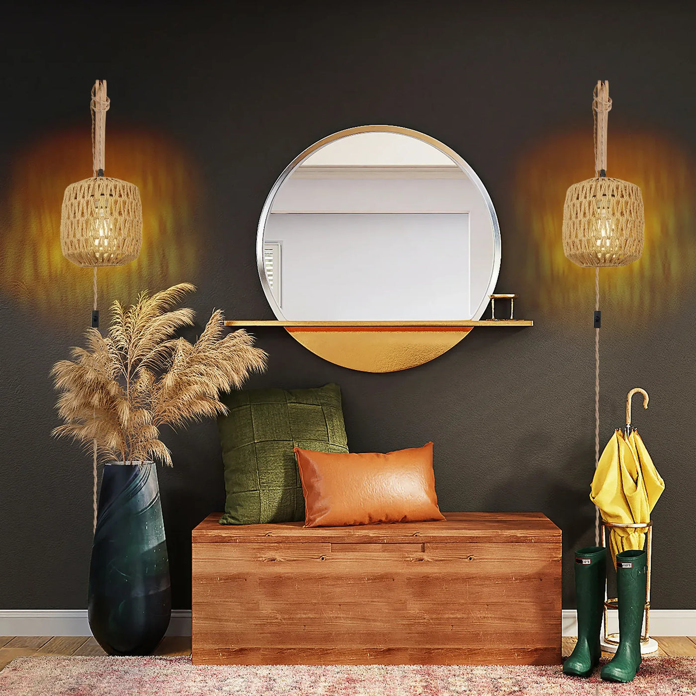 applique murale led en rotin tissée rétro avec corde de chanvre