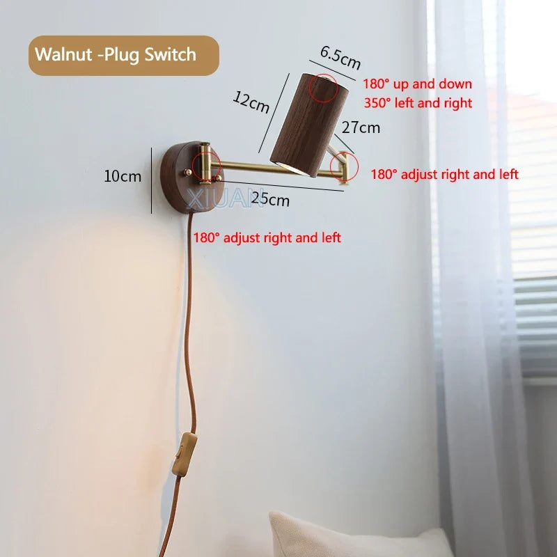 applique murale wabi-sabi à bras long pivotant avec interrupteur