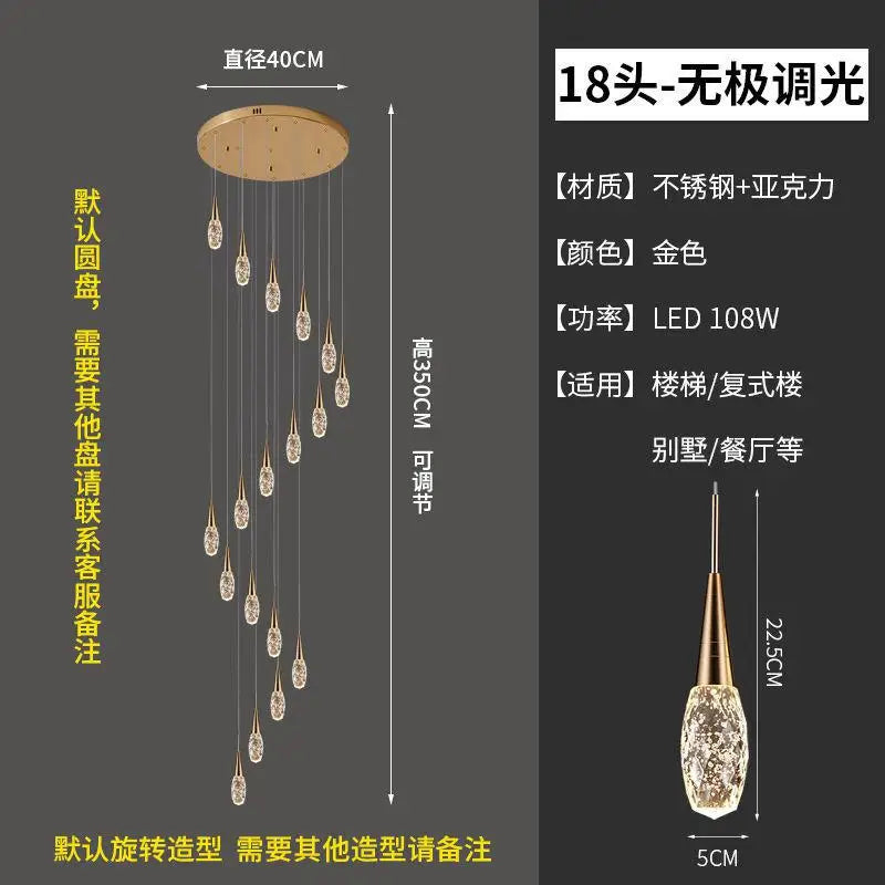 lustre d'escalier duplex lumière moderne de luxe rotatif en cristal