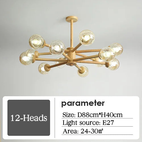 lustre moderne en bois avec abat-jour en verre pour décoration maison