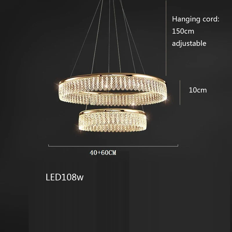 lustre led en cristal losange rond à plusieurs anneaux luxueux