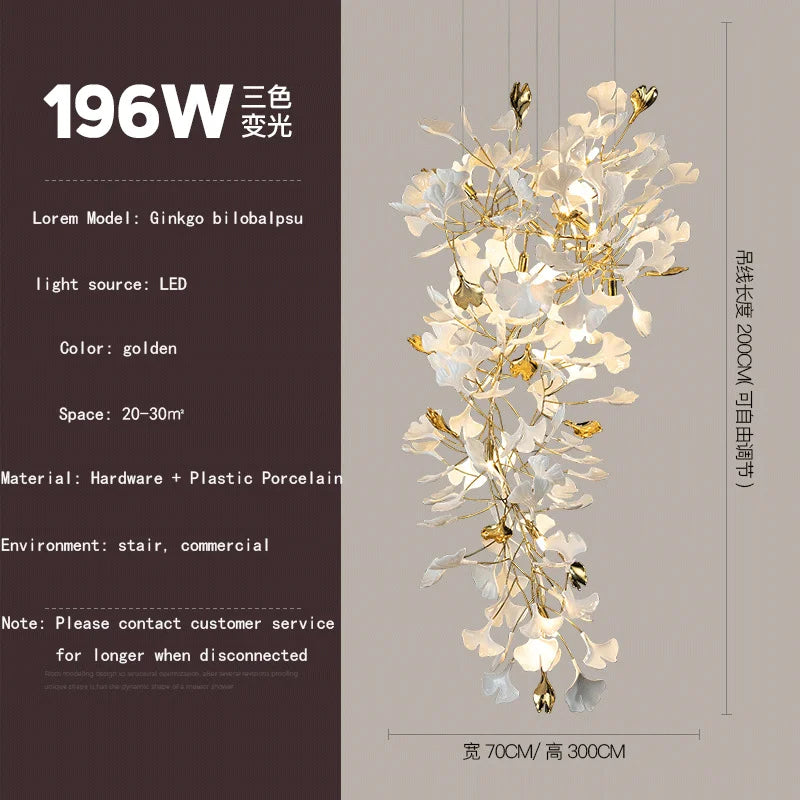 Ginkgo feuille cage d'escalier long lustre lumière atmosphérique villa de luxe duplex bâtiment loft hall d'hôtel lampes d'art créatives