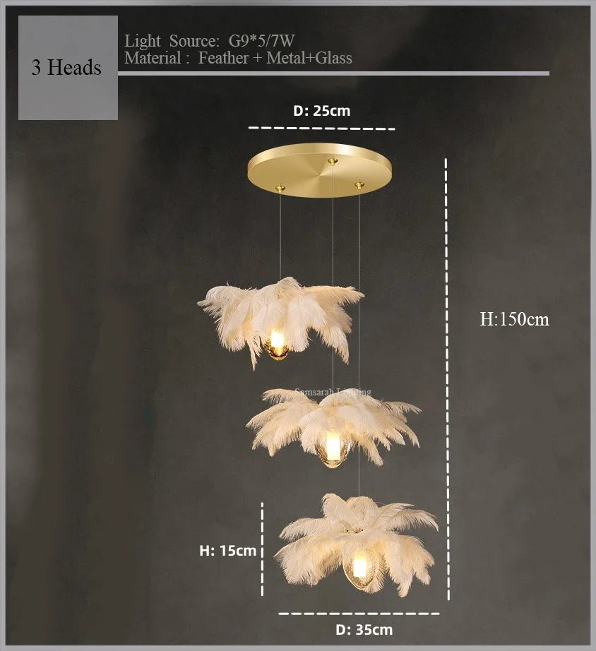 2024Staircase Feather Chandelier Ostrich Glass Design Pendant Chandelier Lighting Home Decor Suspend Lustre Fixtures