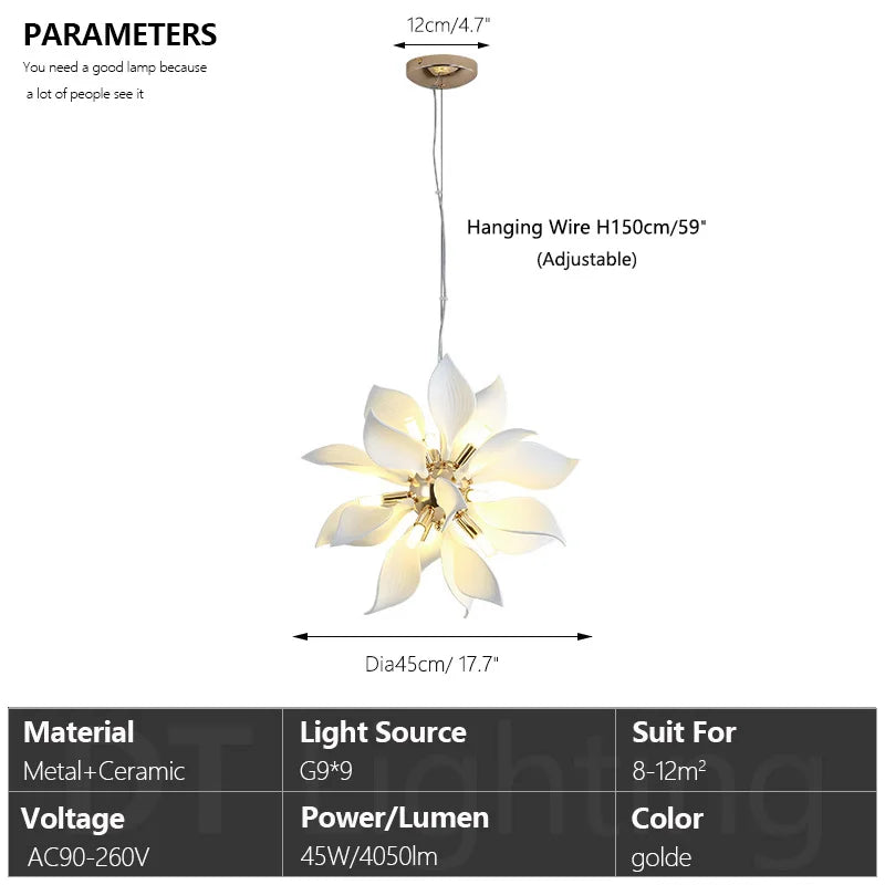 lustre carré en céramique avec pétales de fleurs suspendu