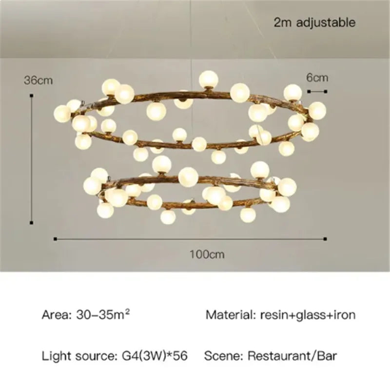 lustre rétro en forme de branche d'arbre en bois et verre